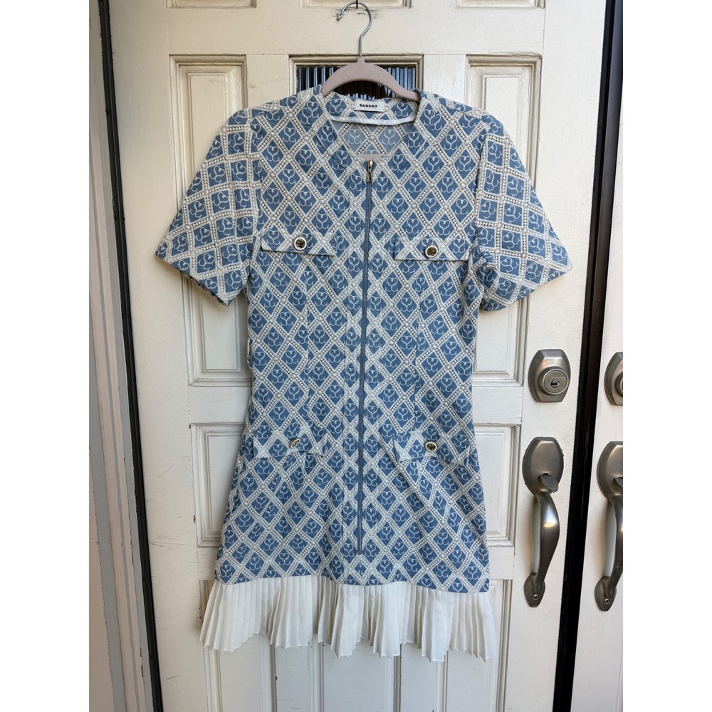 Sandro Blue White Heart Logo Jacquard Zip Front Pleated Mini Dress Size 38/M - Picture 12 of 13
